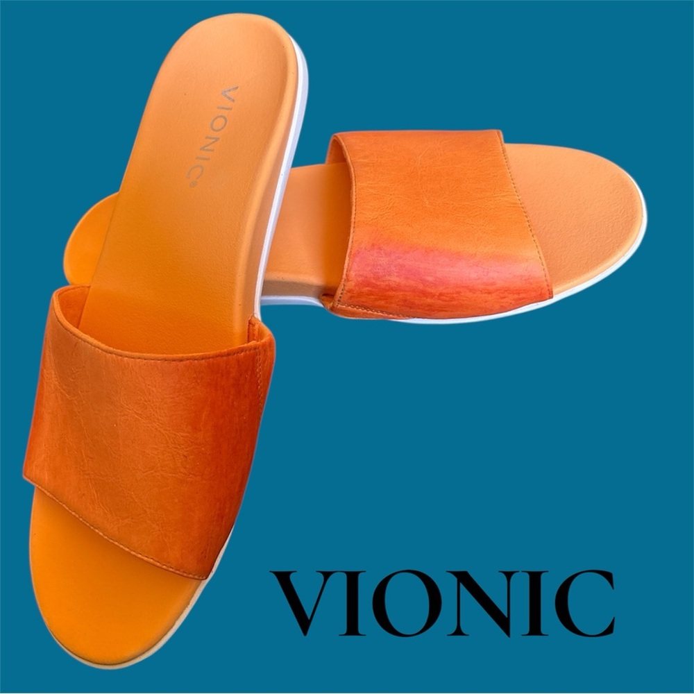 Vionic Bright  Orange Leather Slide Sandals with White Sole - Picture 7 of 14
